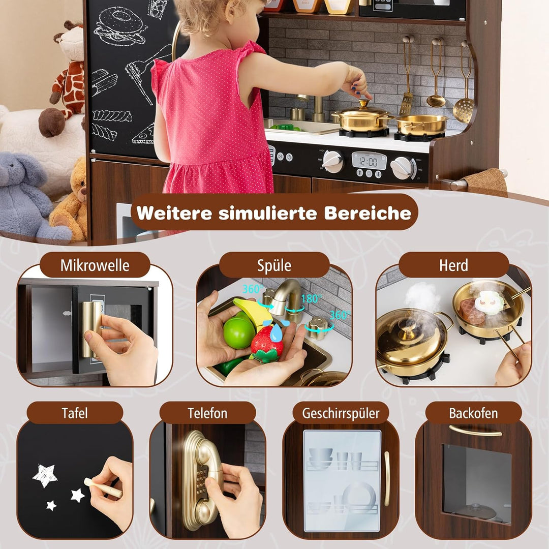 COSTWAY Kinderküche mit 10 Spielzubehör, Spielküche Kinder mit Tafel, Spielzeugküche mit Mikrowelle