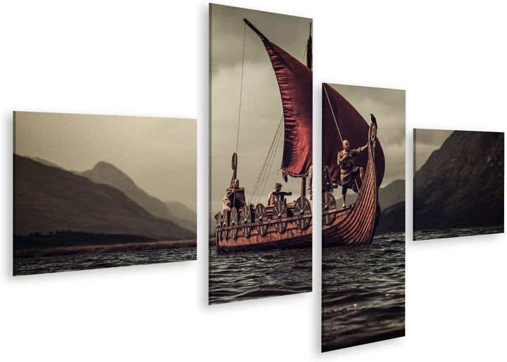 islandburner Bild auf Leinwand Gruppe Von Wikingern Auf Dem Meer Auf Drakkar Mit Bergen Im Hintergru