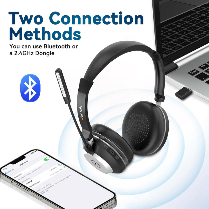 Wantek Headset mit Mikrophone Kabelloses, Wireless Headset für PC Laptop, Bluetooth Headset mit Nois