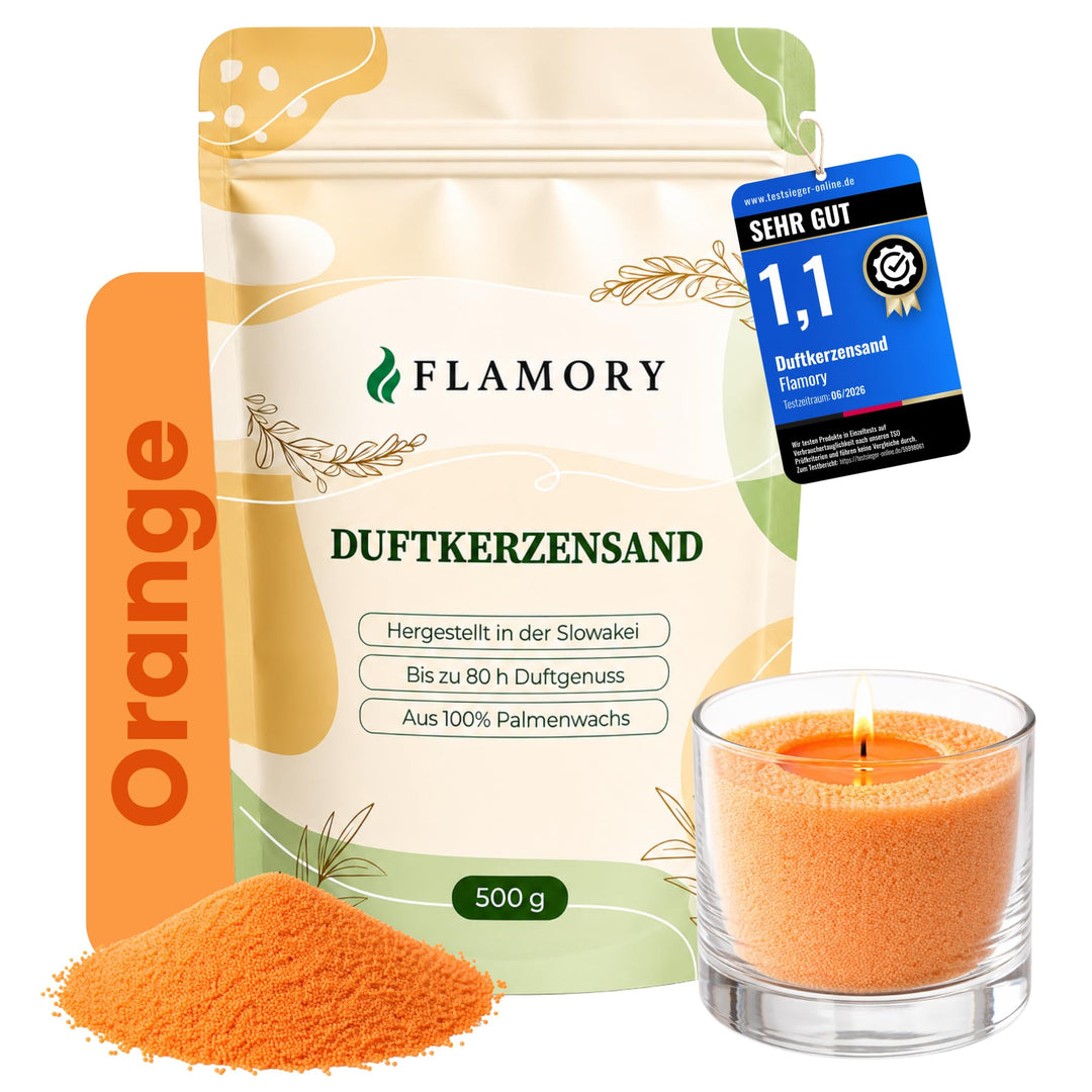 Kerzensand mit Duft 500g – Duftkerzensand [Orange] – 6 Dochte inklusive – 100% Pflanzenwachs, russar