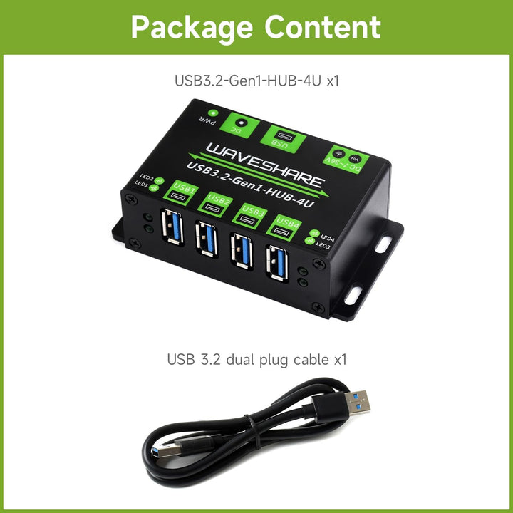 Waveshare 4-Ch USB 3.2 Gen1 HUB, Metal Case with Wall-Mount Support, Driver-Free, Plug-and-Play, Com