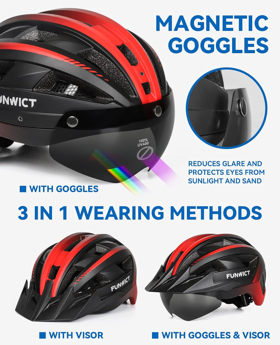 FUNWICT Fahrradhelm mit Visier für Herren Damen, Leichte Fahrradhelm mit Magnetischem Brille und USB