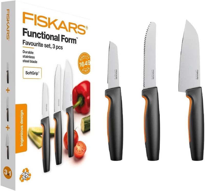 Fiskars Küchenmesser-Set, 3-teilig, Functional Form, Inklusive Kochmesser (klein), Tomatenmesser, Sc