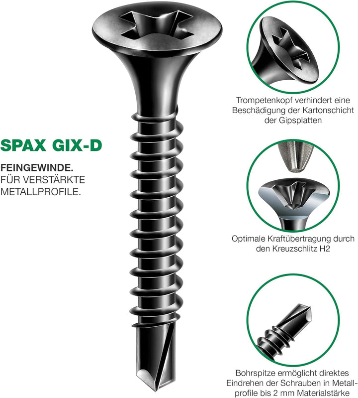 SPAX GIX-D Schnellbauschrauben 3,5 x 35 mm, Vollgewinde, 1000 Stück, Bohrspitze, Kreuzschlitz-H2, Tr