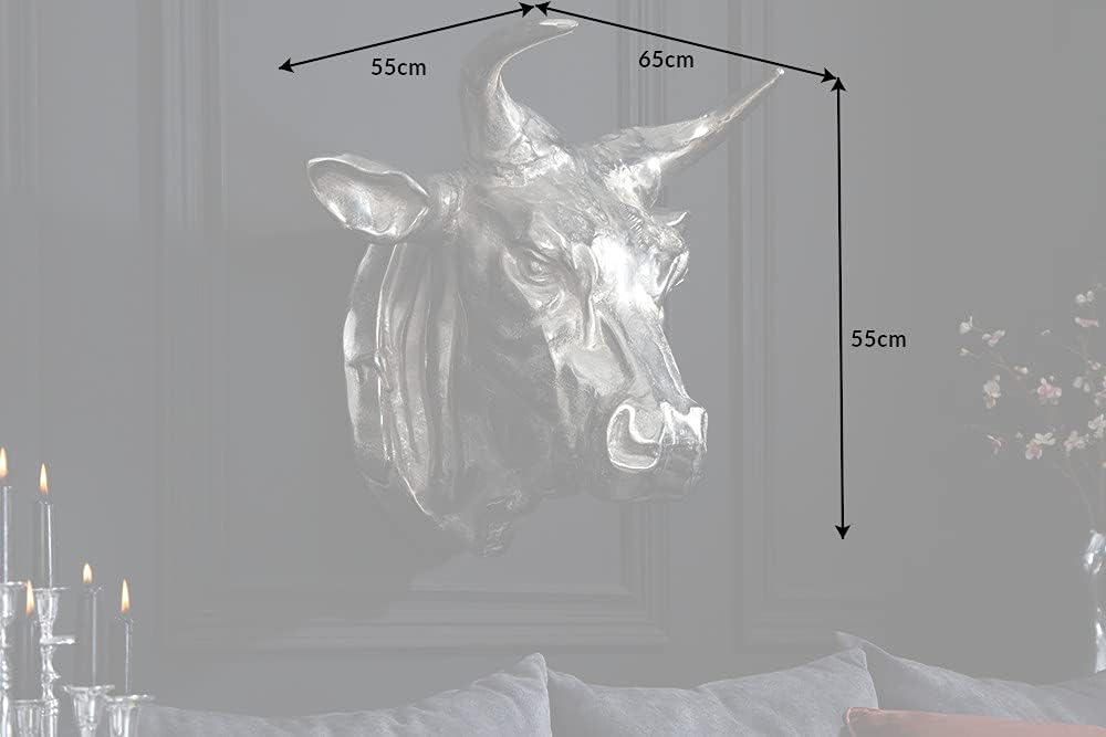Invicta Interior Extravagante Stierkopf Wanddekoration TORERO 65cm Silber Deko Schädel aus Aluminium