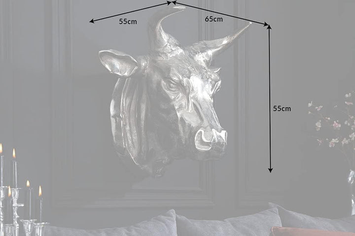 Invicta Interior Extravagante Stierkopf Wanddekoration TORERO 65cm Silber Deko Schädel aus Aluminium