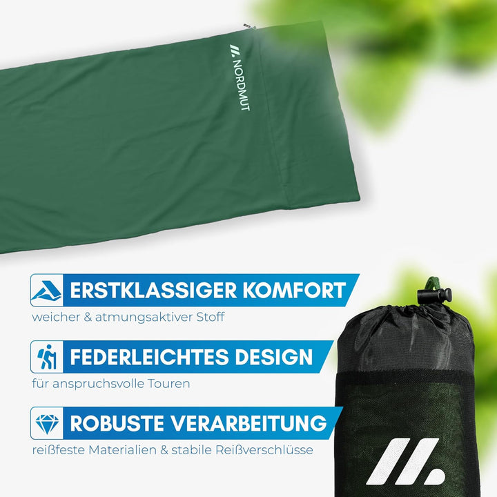 NORDMUT® Hüttenschlafsack Mikrofaser Ultraleicht - Sommerschlafsack Kleines Packmass & Atmungsaktiv
