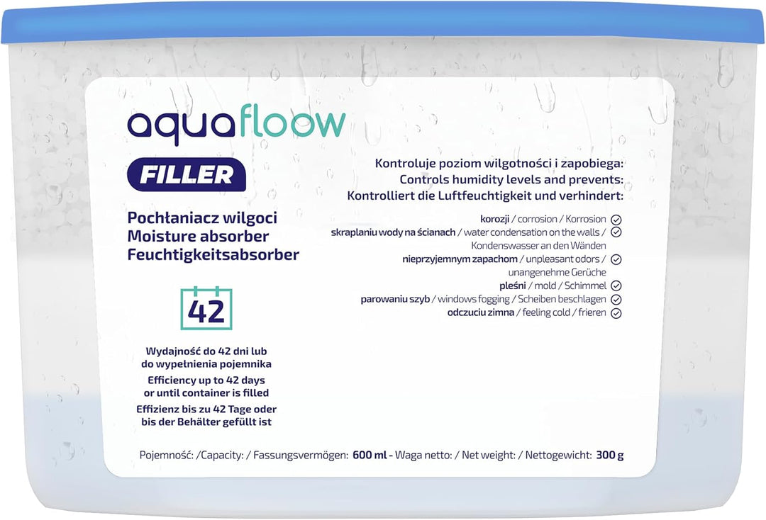 Aquafloow Raumentfeuchter 600 ml, Reduziert die Luftfeuchtigkeit, 8 Stück Nachfüllbeutel Granulat |