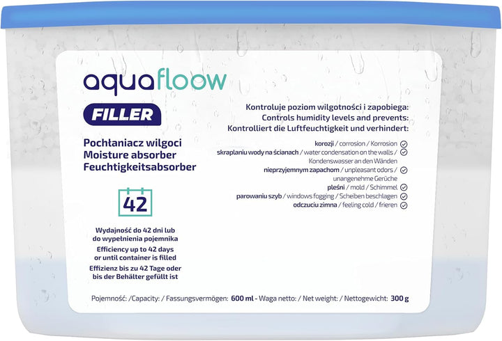 Aquafloow Raumentfeuchter 600 ml, Reduziert die Luftfeuchtigkeit, 8 Stück Nachfüllbeutel Granulat |