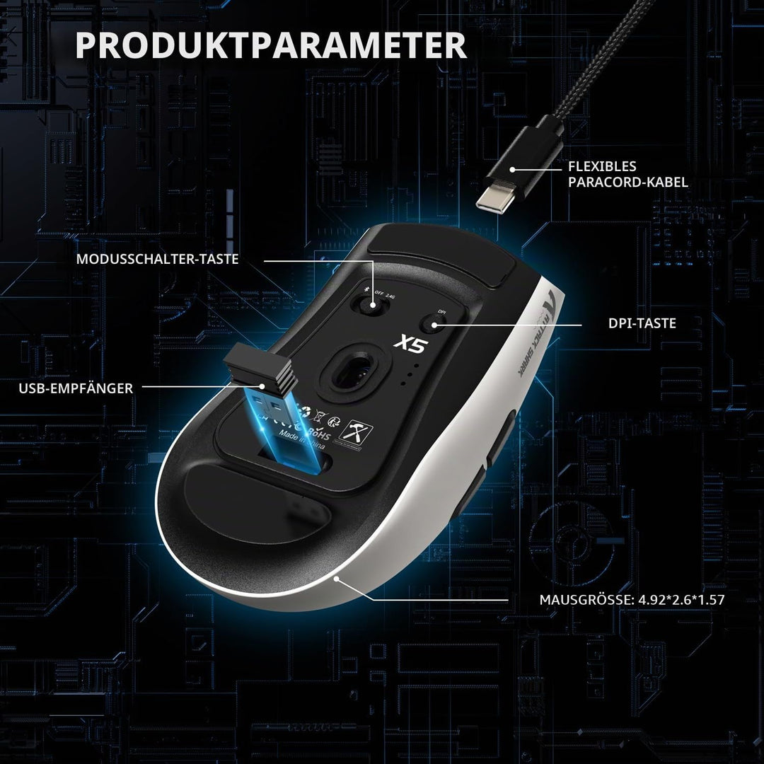 ATTACK SHARK X5 Ultra-leichte kabellose Gaming-Mäuse 49g,Tri-Mode Kabelgebunden/2.4G/BT5.0,PAW3312 P
