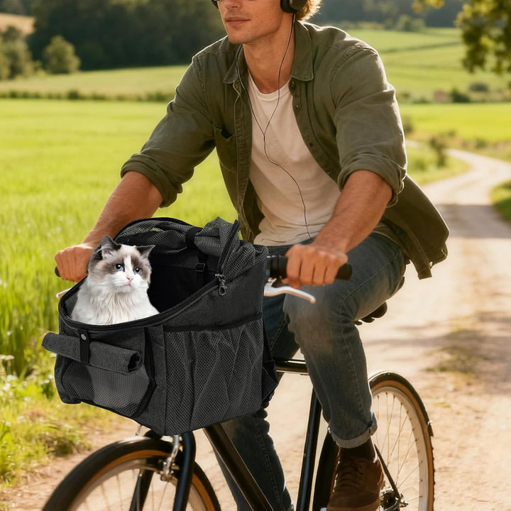 Hundefahrradkorb Vorne – Faltbarer Fahrradkorb für Hunde mit Sicherheitsgurt &amp; Netzfenstern, 32x29x3