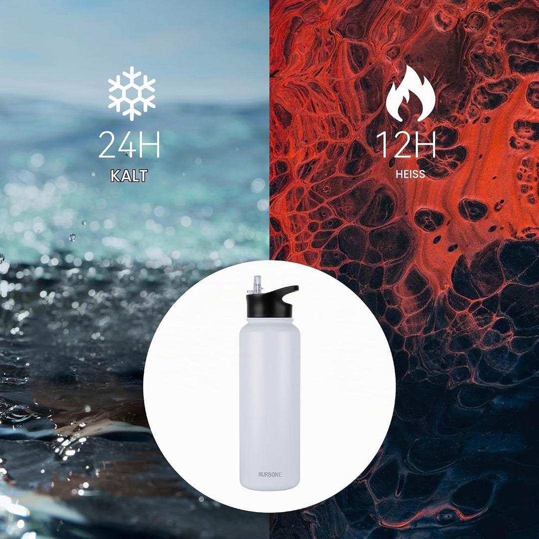 Edelstahl Trinkflasche 1.2L (+2 Deckel)-mit Strohhalm,BPA frei,Thermosflasche Auslaufsicher,Kohlensä