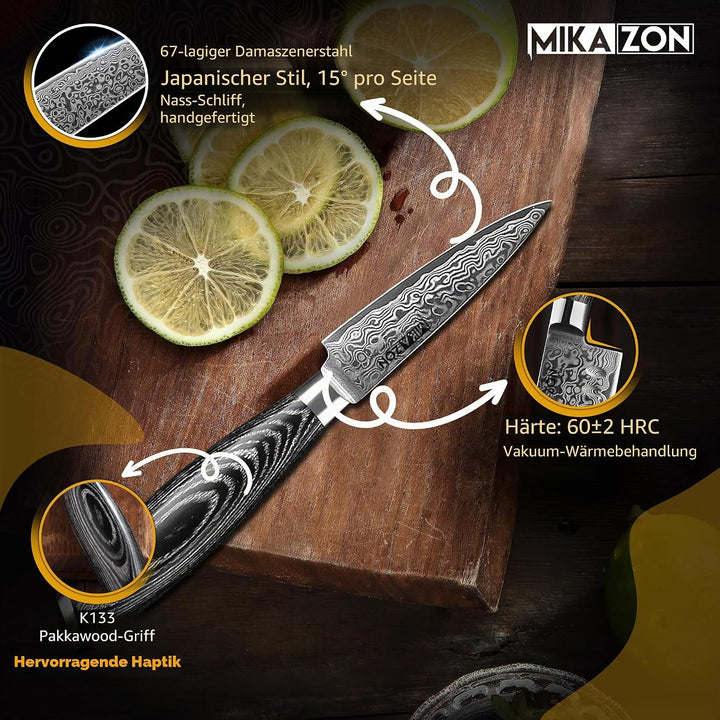 Damast Schälmesser - Präzises 8.5 cm Obst- und Gemüsemesser mit 67-lagiger Stahlkonstruktion und Pak