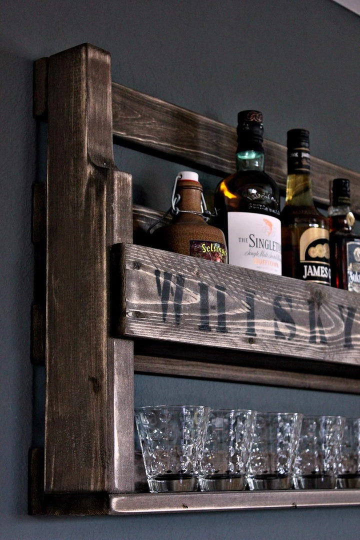 Dekorie Whisky Regal aus Holz - mit Gläserhalter und Whisky Schriftzug - Braun - Industrie Stil - fe