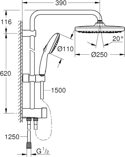 GROHE Vitalio Start 250 - Flex Duschsystem (horizontaler Durscharm 390mm,2 Strahlarten, Brauseschlau