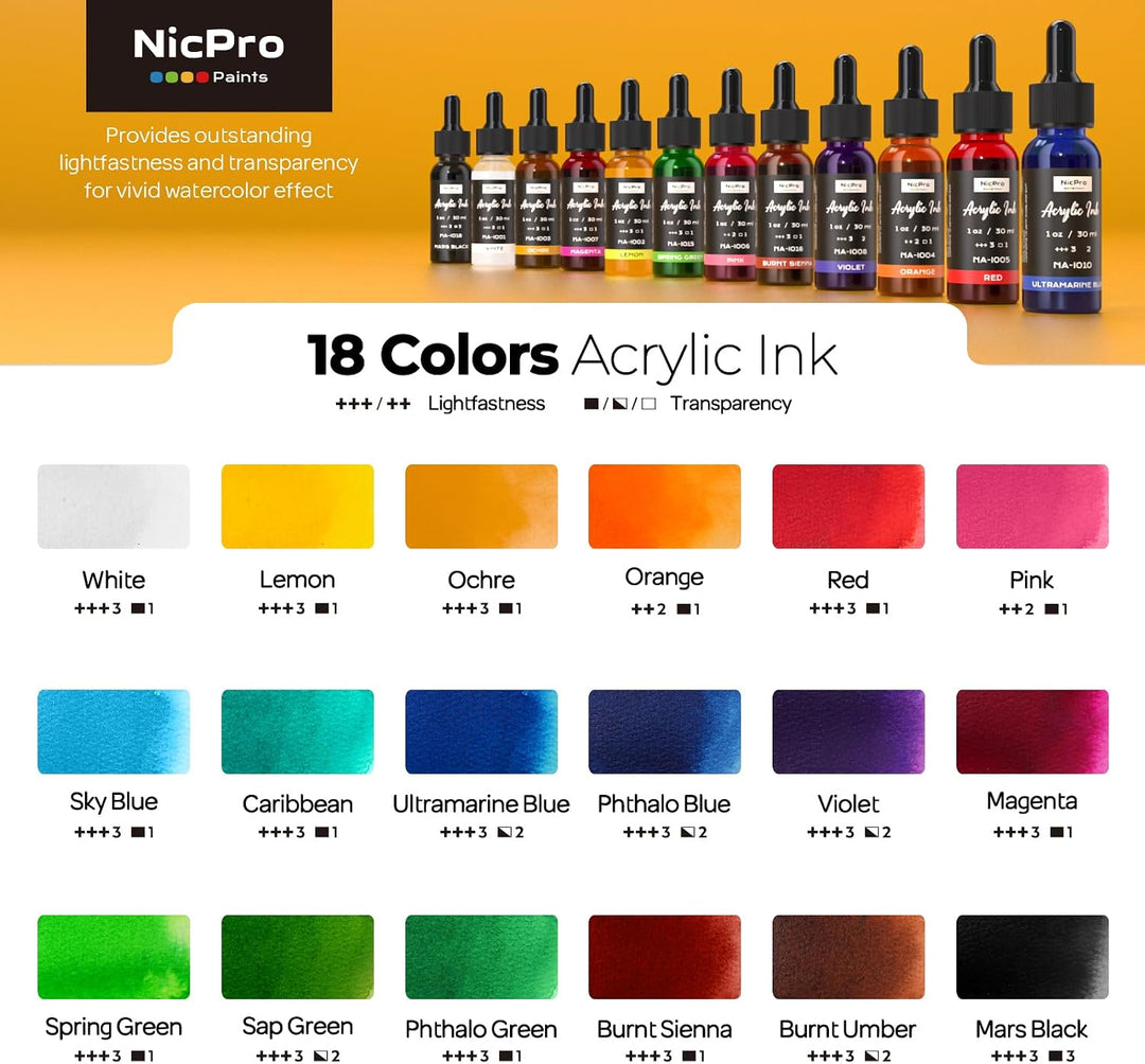 Nicpro 18 Farben Acrylic Ink Set, 30 ml Flasche mit Tropfer, Flüssige Acryltinte Schnell Trocknende,