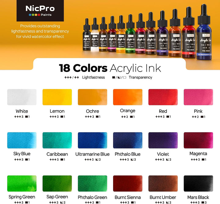 Nicpro 18 Farben Acrylic Ink Set, 30 ml Flasche mit Tropfer, Flüssige Acryltinte Schnell Trocknende,
