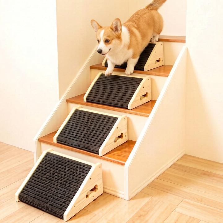 4 Stück Hunderampen für Treppen, Hundetreppe Holz mit Rutschfester Trittmatte, Treppenstufen Haustie