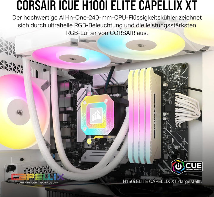 Corsair iCUE H100i Elite CAPELLIX XT Flüssig-CPU-Kühler - Zwei AF120 RGB Elite-Lüfter - 240-mm-Radia