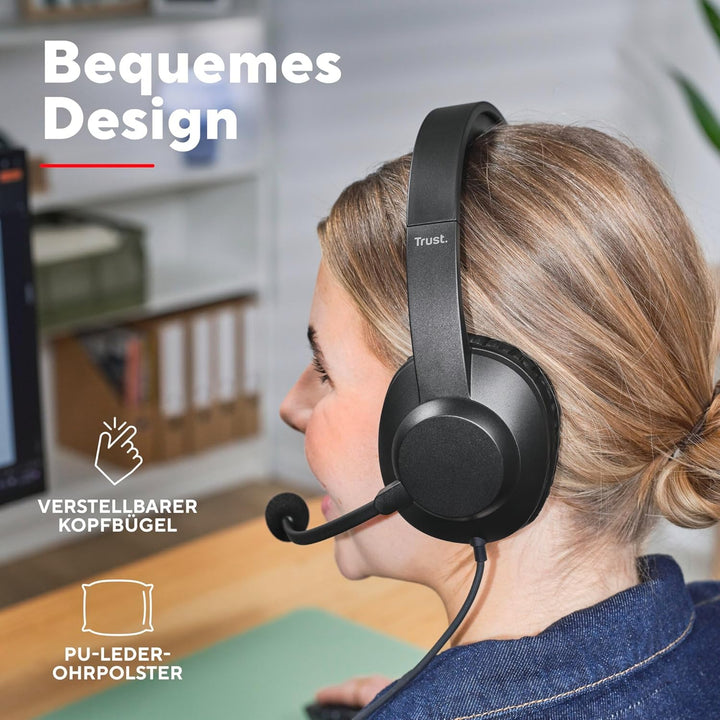 Trust Roha II Max USB Headset mit Mikrofon Over-Ear, USB-C, Schwarz | Kopfhörer mit Kabel 180 cm, 85