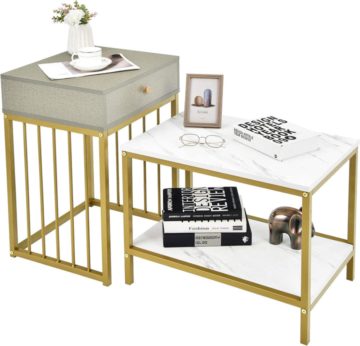 GIANTEX 2er Set Beistelltisch Marmoroptik, Couchtisch Sofatisch mit Schubladen, Wohnzimmertisch vers