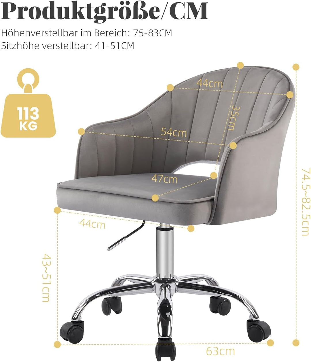 Homeoffice Stuhl, Schreibtischstuhl, Drehstuhl, Höhenverstellbar, Samt, Ergonomischer, für Arbeitszi
