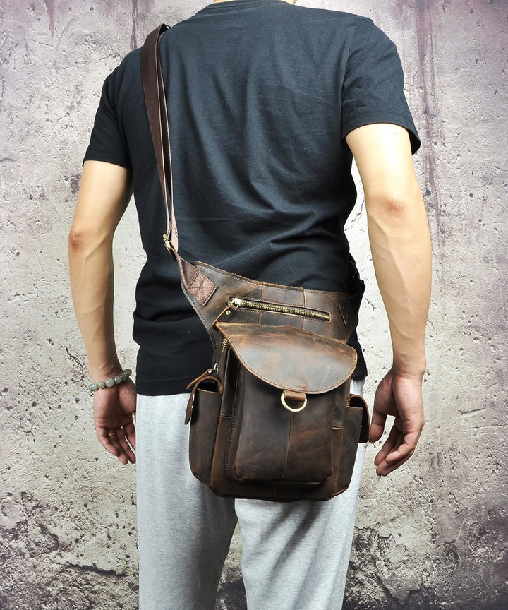 Le'aokuu Herren Echtes Leder Tasche Schultertasche Gürteltasche Beinbeutel Beintasche Hüfttasche Dro
