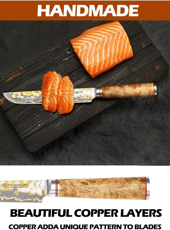 YOUSUNLONG Sakimaru Messer 200mm - Japanisches Sushi Messer - Handgefertigtes Kupfer Damaszener Stah