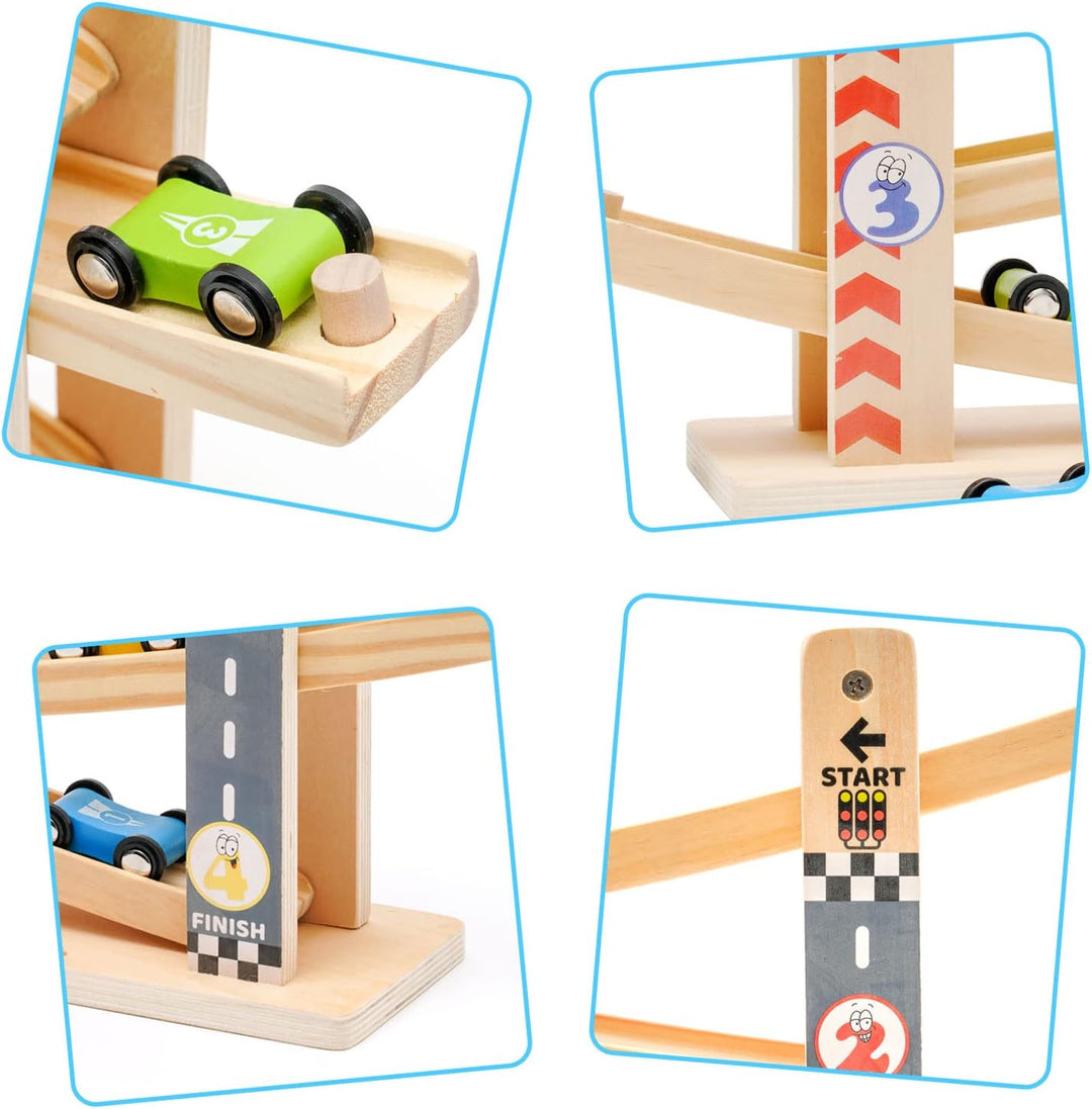 NUKied Kugelbahn Holz,Premium Holzspielzeug mit 4 Autos,Autorennbahn Holz Spielzeug für Jungen Gesch