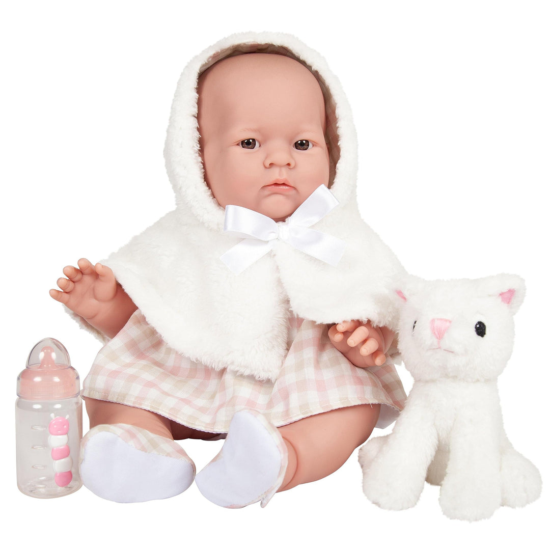 JC TOYS, Lily Puppe mit Gummikörper. Rosa/Weisses Kleid mit Kapuze. Haustier und Accessoires.
