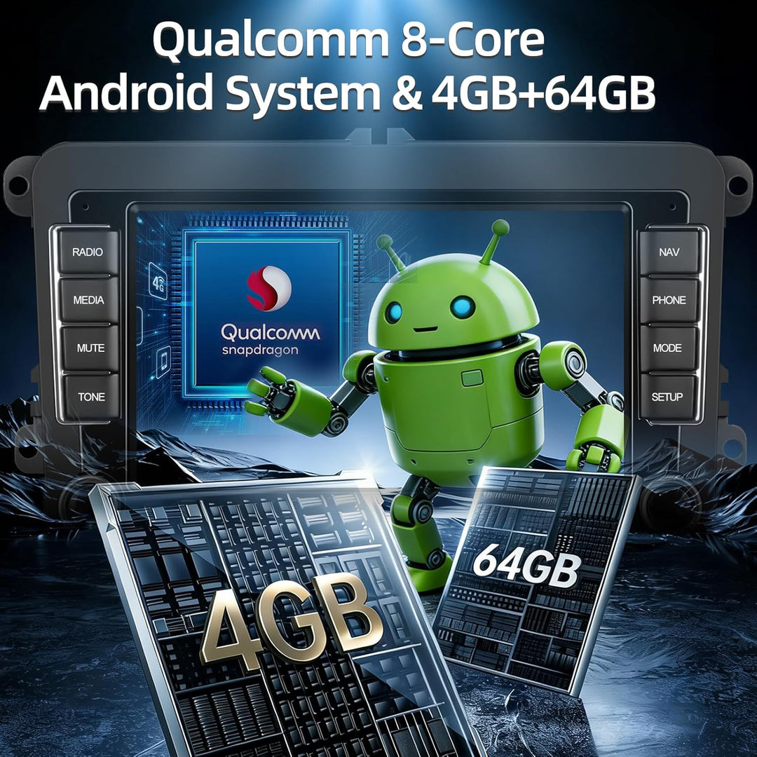Qualcomm Octa‑Core 4+64G Android Autoradio für VW Golf Passat Jetta Tiguan Polo Caddy, Seat, Skoda –