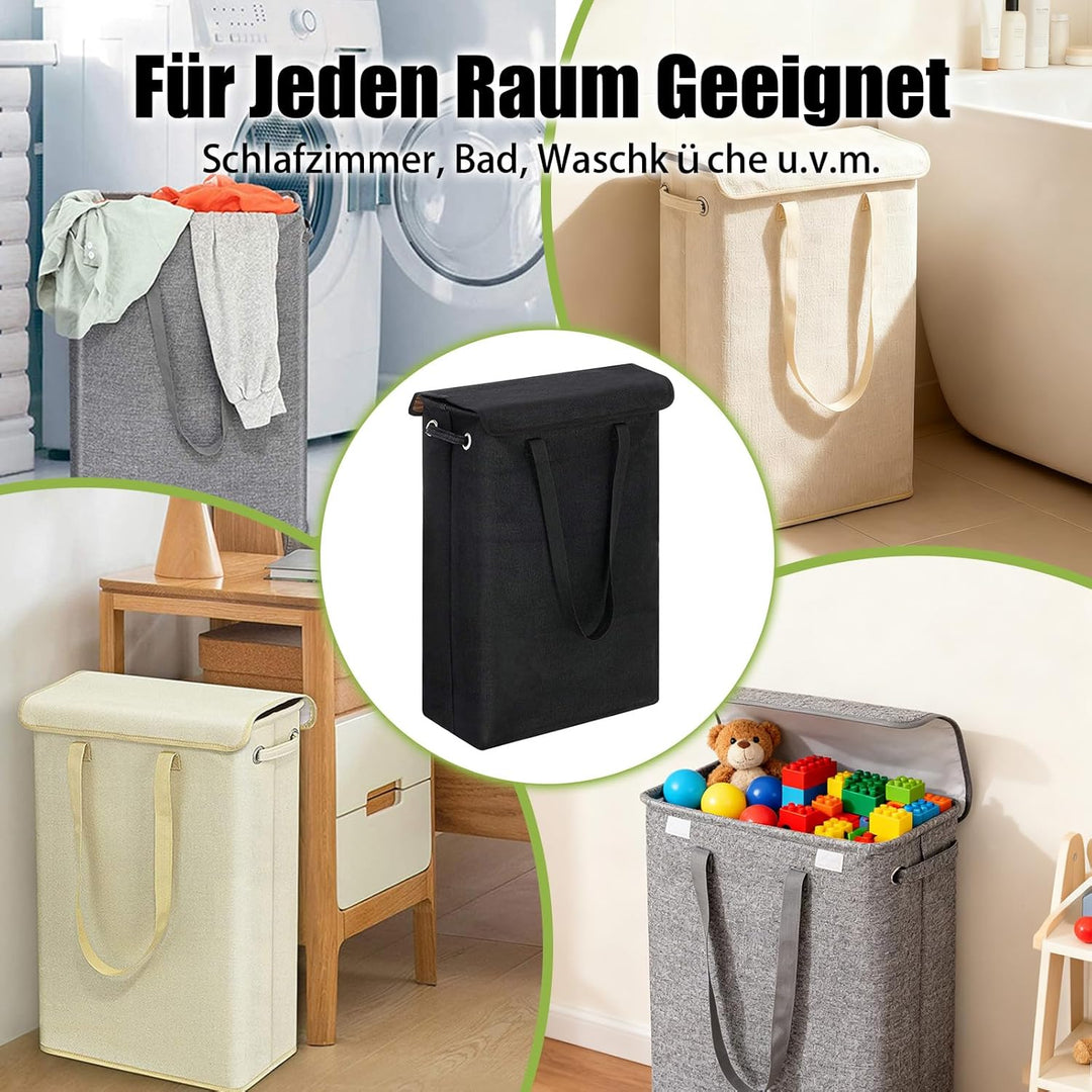 Foldable Wäschekorb Schmal mit Deckel 45L – Laundry Basket aus Leinenoptik mit Reissverschluss-Innen