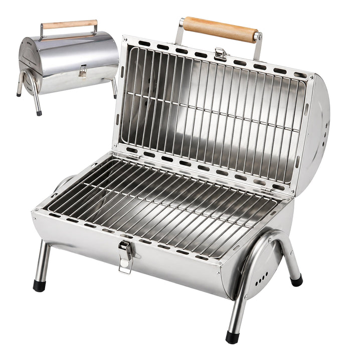 Relaxdays Tischgrill, 2 Grillflächen je 34 x 21,5 cm, Outdoor Camping, Klappgrill &amp; Smoker, Holzgrif