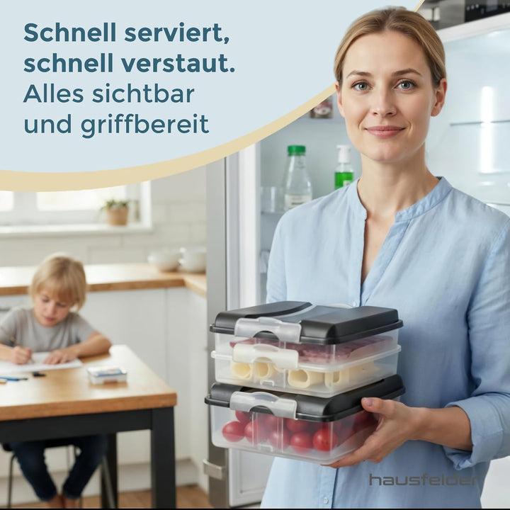 Hausfelder Aufschnittboxen Set 3x 2,3 l + 3x 1,5 l, Anthrazit | Stapelbare Aufschnittboxen mit Decke