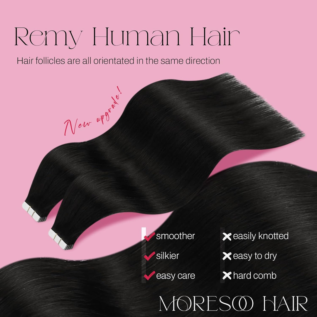 Moresoo Tape Extensions Echthaar Schwarzes Haar Extensions Tape Nahtlose Unsichtbar Remy Tape in Haa