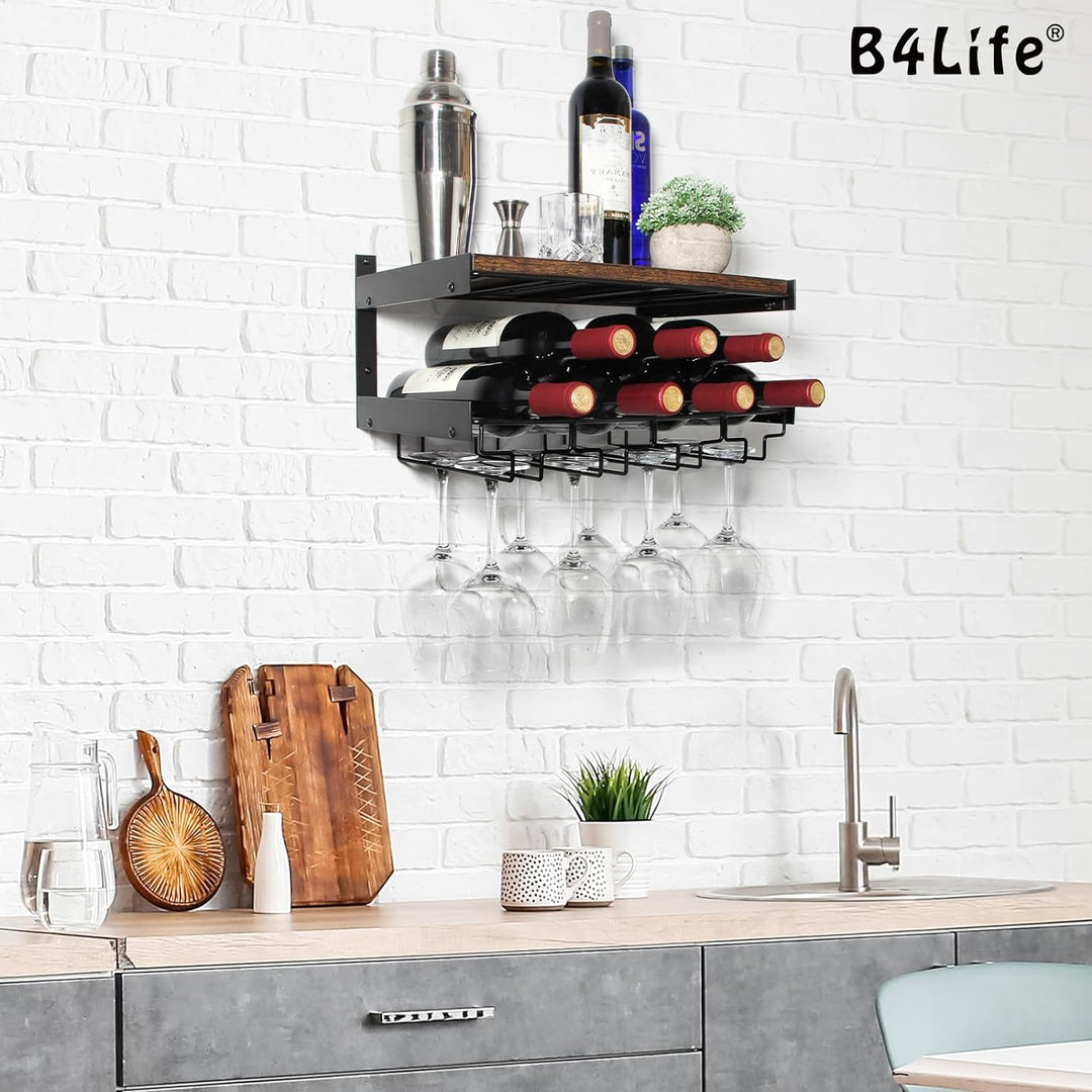 B4Life Wandmontierte Weinregale，Weinglashalter Wandmontage mit Stemware Aufhänger Moderne Weindispla
