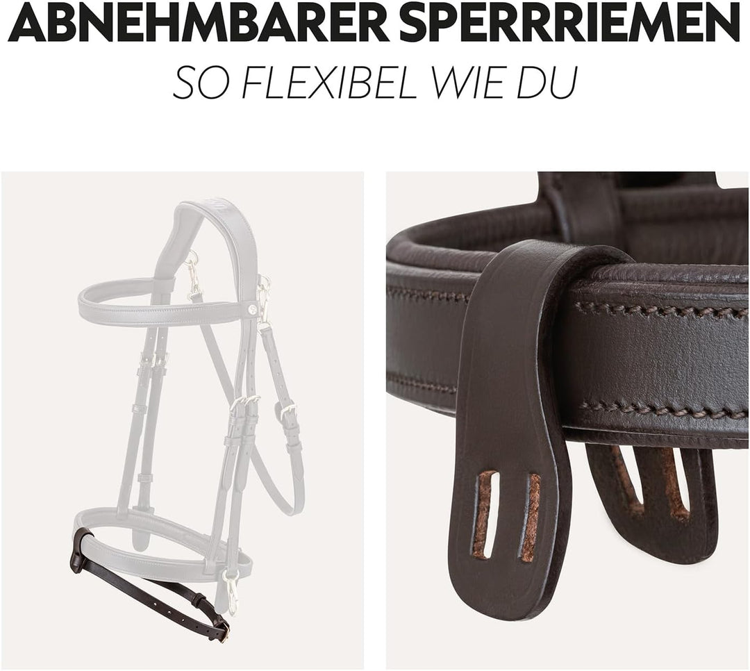 SUNRIDE englisch kombinierte Trense Berlin mit Zügel, aus weichem Echtleder mit Clip-Verschluss, ver