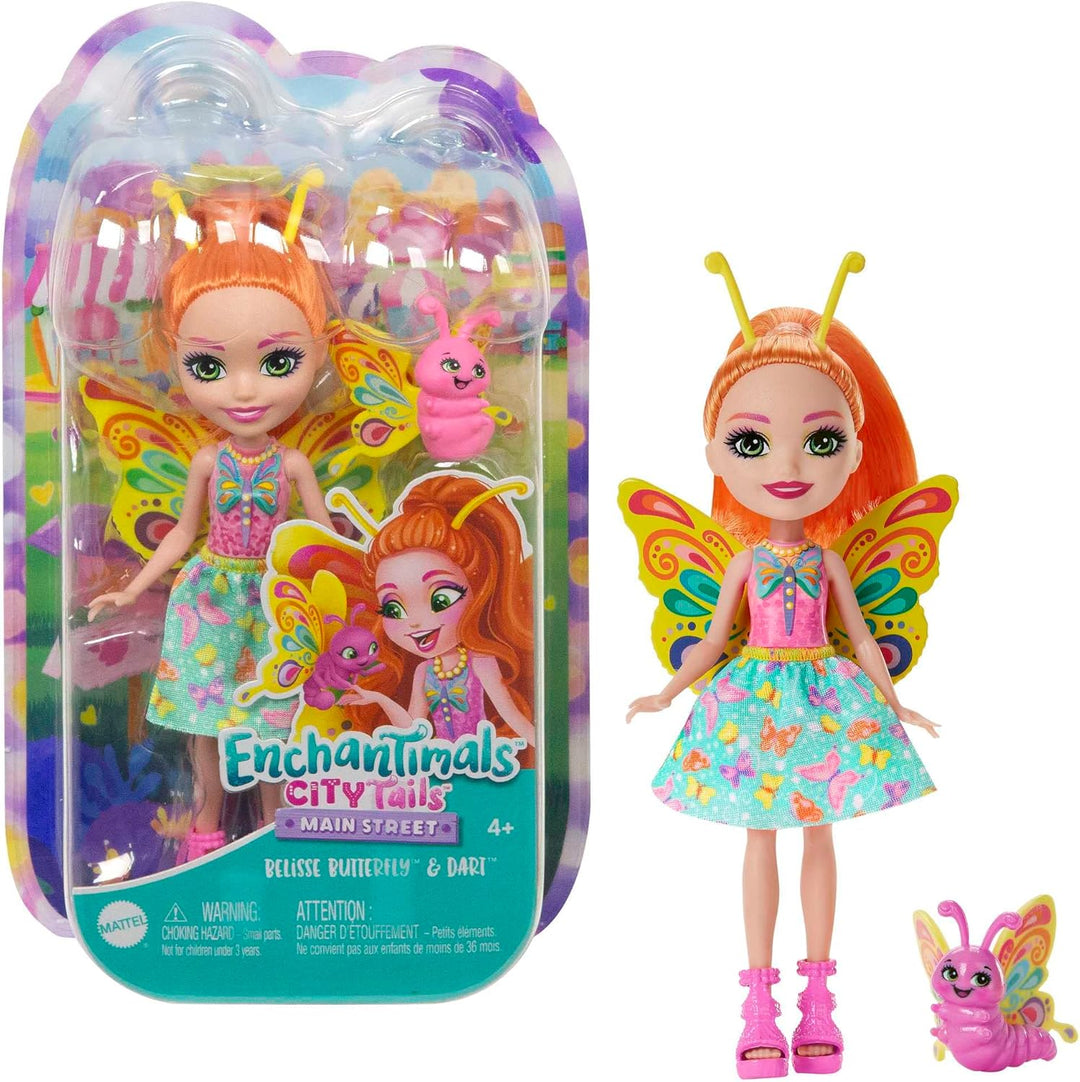 Enchantimals Puppen, City Tails Puppe Belisse Butterfly und Tierfreund Dart, Kleine Puppe mit abnehm