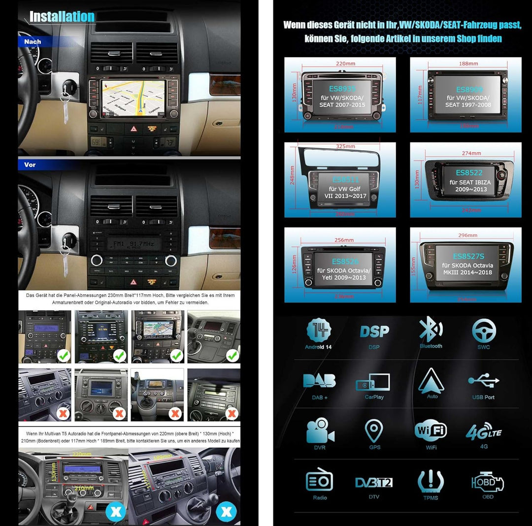 Erisin 7 Zoll 8-Kern 4GB RAM+64GB ROM Android 14 Autoradio Stereo GPS Navigation für VW T5 Multivan