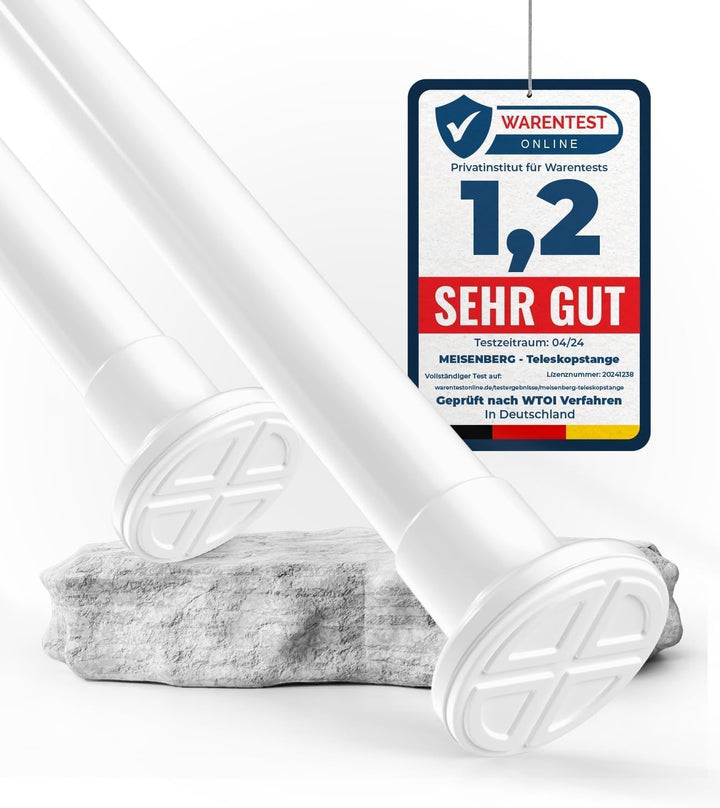 MEISENBERG Spannstange ohne Bohren 160-210cm Ø32mm Weiss - Klemmbare Gardinenstange Ausziehbar - Tel