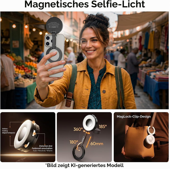 ULANZI ML05 Magnetische Selfie Licht für iPhone, Dual Magnet LED Ringlicht mit Spiegel, 9000K CRI≥97