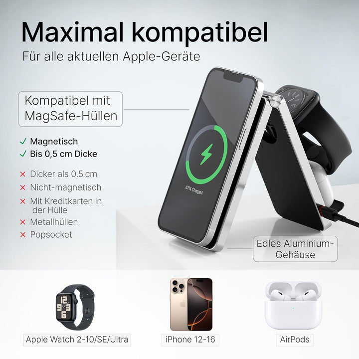 TEGLER 3-in-1 MagSafe Ladestation aus hochwertigem Aluminium für iPhone, Apple Watch & AirPods – Fal