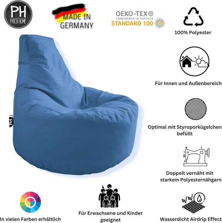 PATCH HOME Gamer Sessel Sitzsack inkl. Würfel Bean Bag Set Ø80cm, 30cm Sitzhöhe, 90cm Höhe + 35x35cm