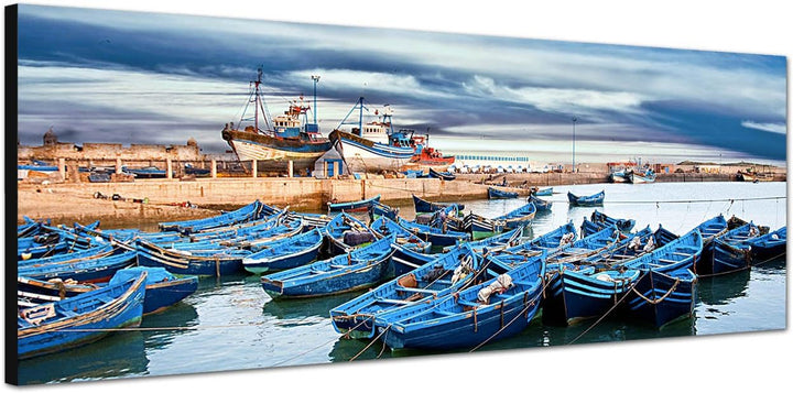 Paul Sinus Art Panoramabild auf Leinwand und Keilrahmen 150x50cm Marokko Meer Hafen Boote Wolkenhimm