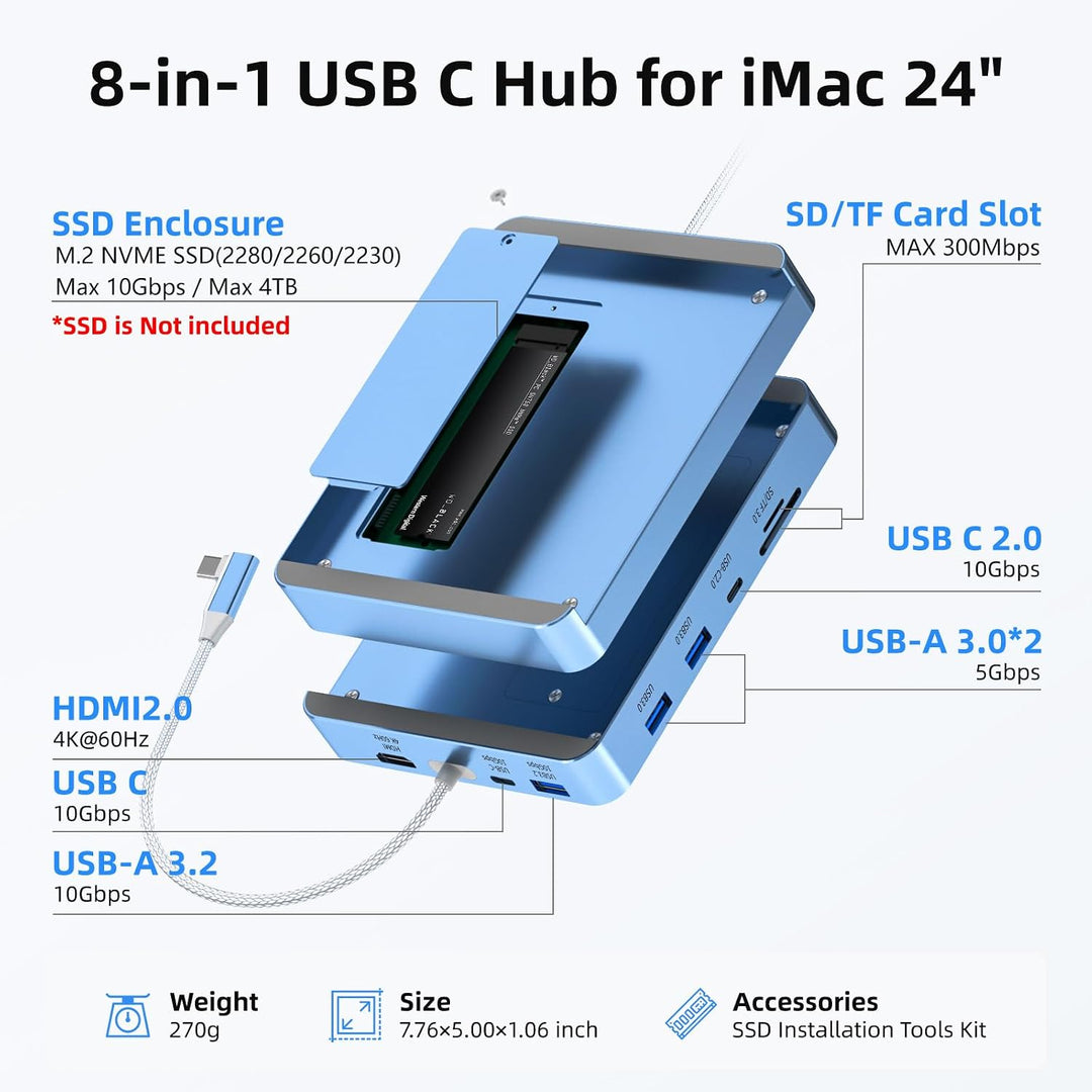 USB-C-Hub für Mac 24 Zoll 2021/2023/2024, 8-in-1-iMac-USB-Hub mit M.2-SSD-Erweiterung (SSD Nicht im