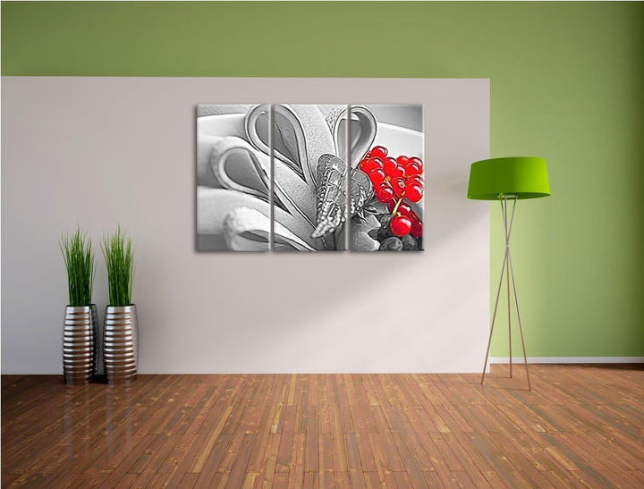 bunte frische Obstschale schwarz/weiss Deluxe 3-Teiler Leinwandbild 120x80 Bild auf Leinwand, XXL ri