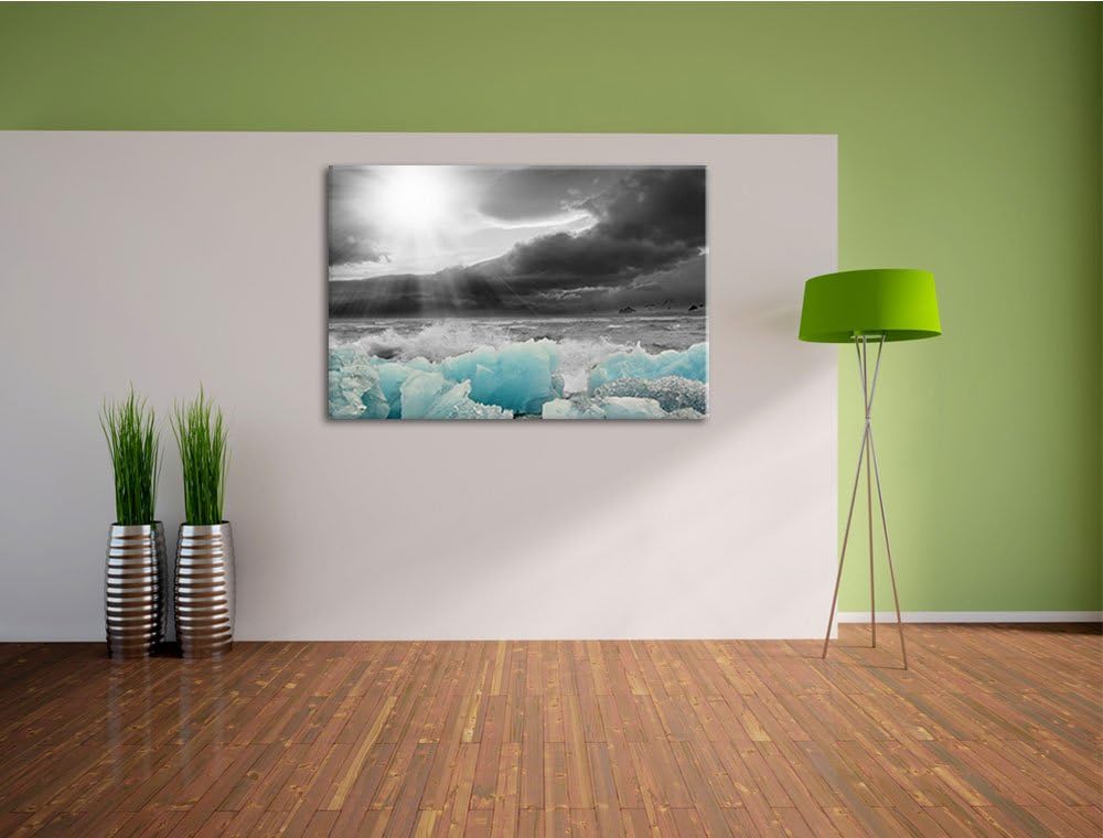 blaues Polareis an der Küste schwarz/weiss Format: 100x70 auf Leinwand, XXL riesige Bilder fertig ge