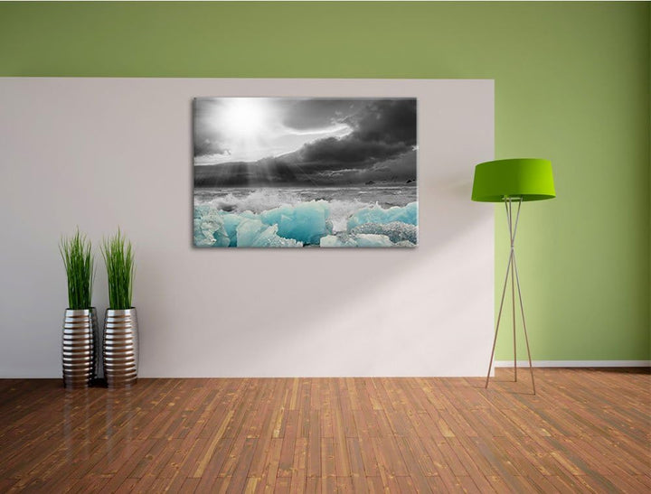 blaues Polareis an der Küste schwarz/weiss Format: 100x70 auf Leinwand, XXL riesige Bilder fertig ge