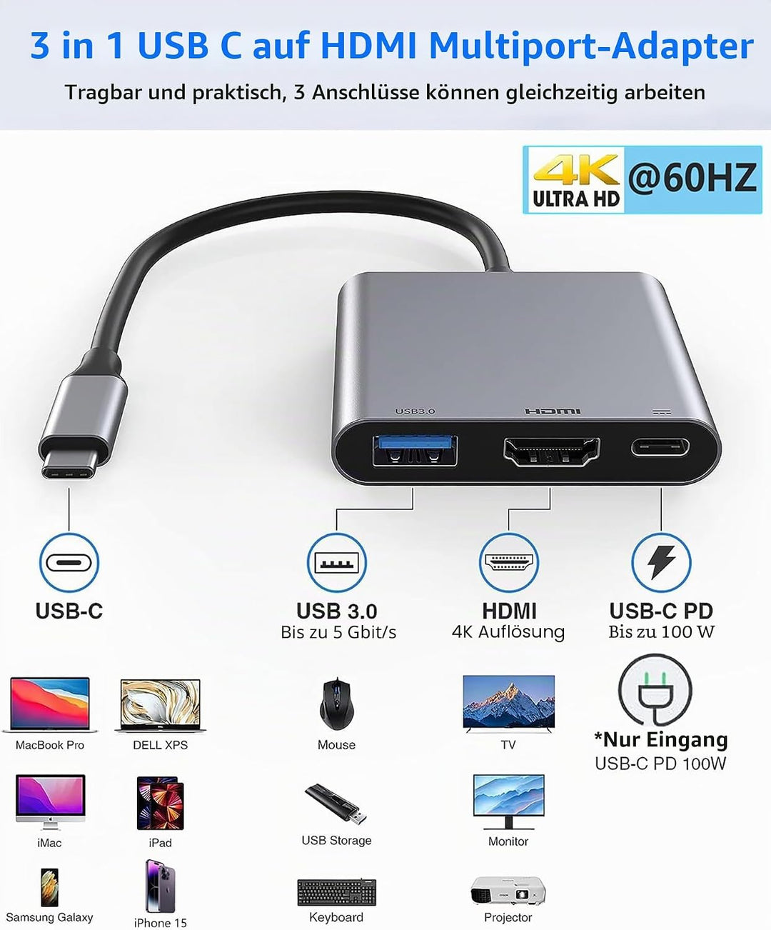 Apple USB C auf HDMI Multiport Adapter 4K @ 60Hz für iPhone 15/16, MFi Digital AV Hub mit USB 3.0, 1