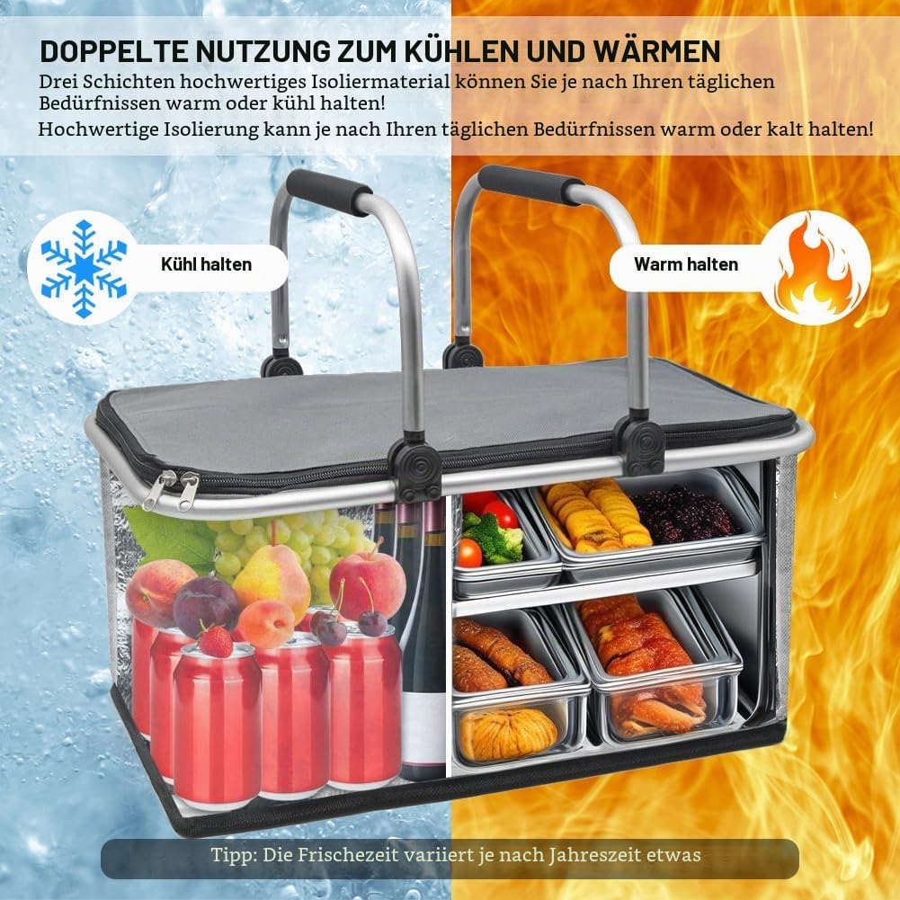 Einkaufskorb 30L, grosse Kühltaшаche, thermokorb mit Alurahmen, isoliert mit Deckel für Reisen, Pick